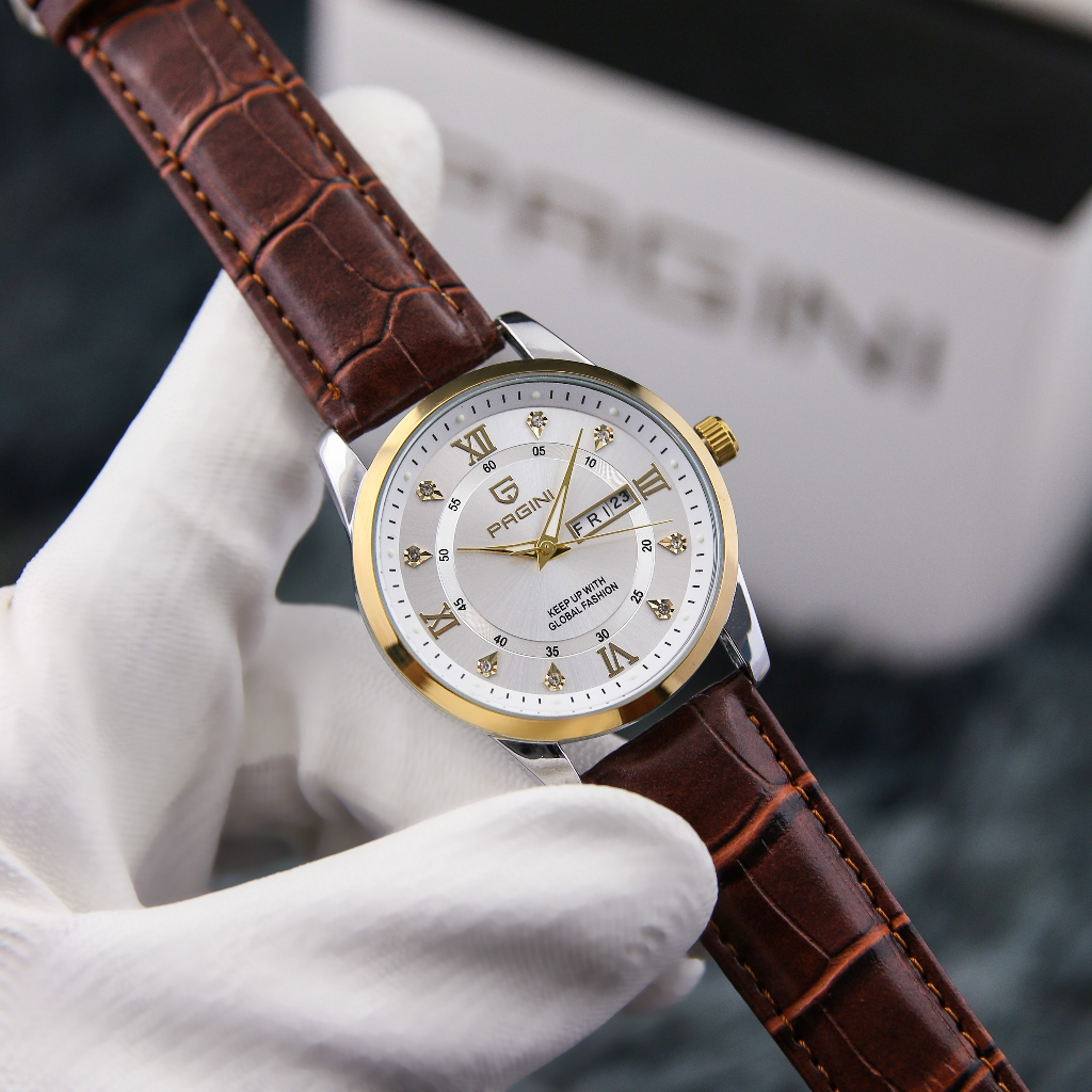 Đồng Hồ Nam Chính Hãng Pagini 5599 - Dây Da Cao Cấp - Kim Dạ Quang - Chống Nước Rửa Tay Đi Mưa