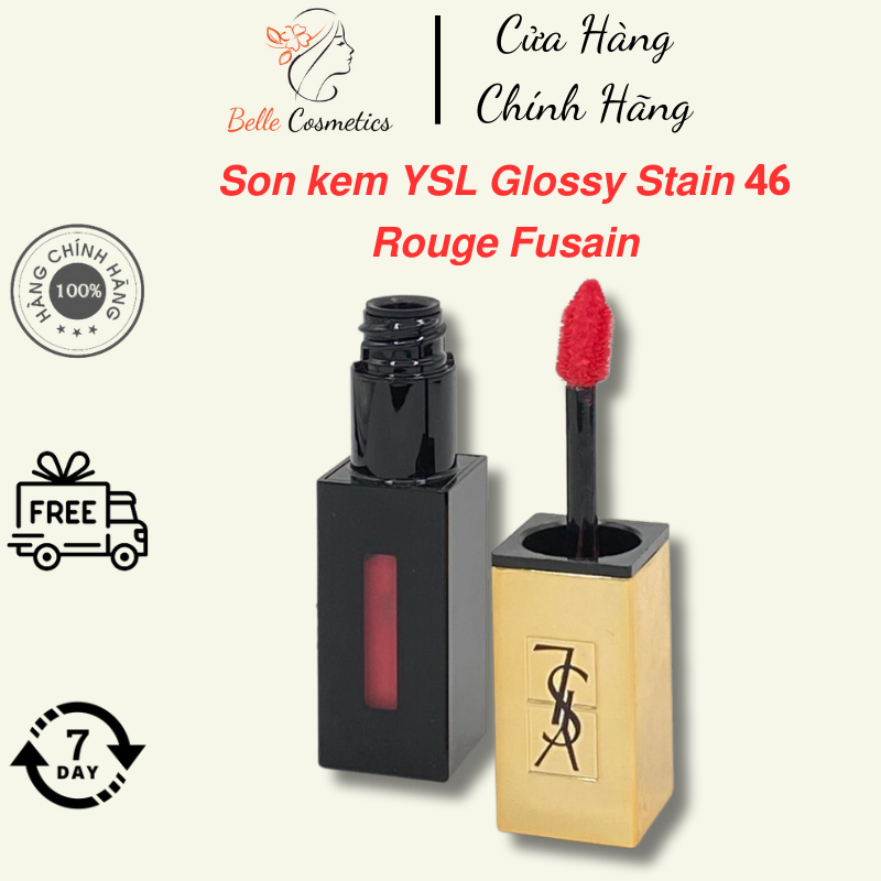 Son kem YSL Glossy stain 46 Rouge Fusain đỏ mọng siêu chảnh / Belle Cosmetics