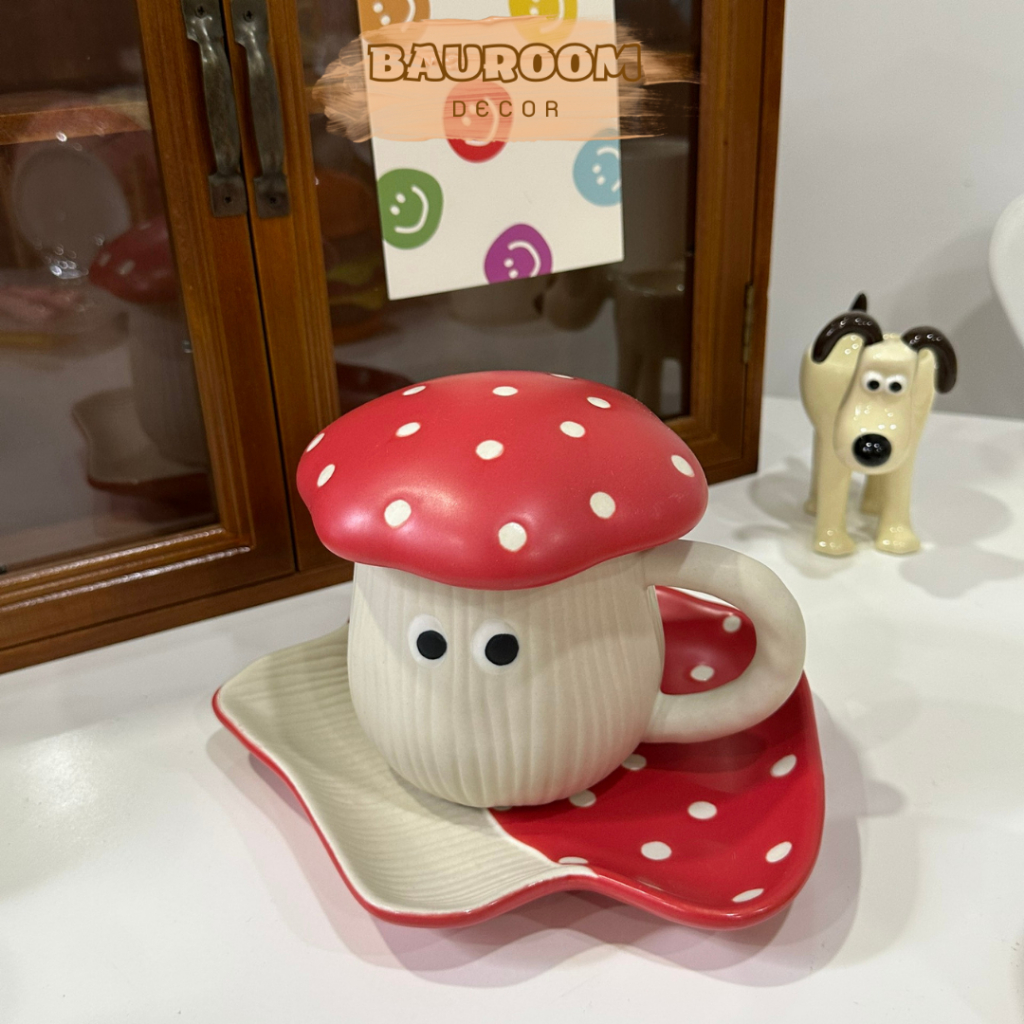 Ly sứ có nắp, đĩa sứ, muỗng sứ tạo hình nấm dễ thương decor bàn ăn thêm ấn tượng