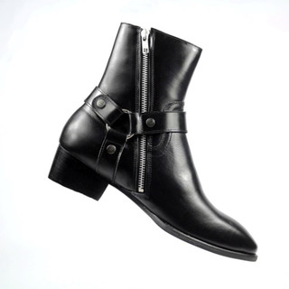 Giày Nam Da Bò Harness Boot, Giày Cao Cổ, Boot Nam Đế Cao 5cm, Giày Nam Cao Cấp Da Nappa Bóng Kéo Khóa Có Đai Xích - 868