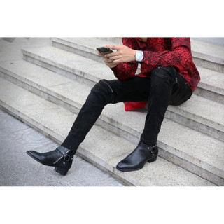 Giày Nam Da Bò Harness Boot, Giày Cao Cổ, Boot Nam Đế Cao 5cm, Giày Nam Cao Cấp Da Nappa Bóng Kéo Khóa Có Đai Xích - 868