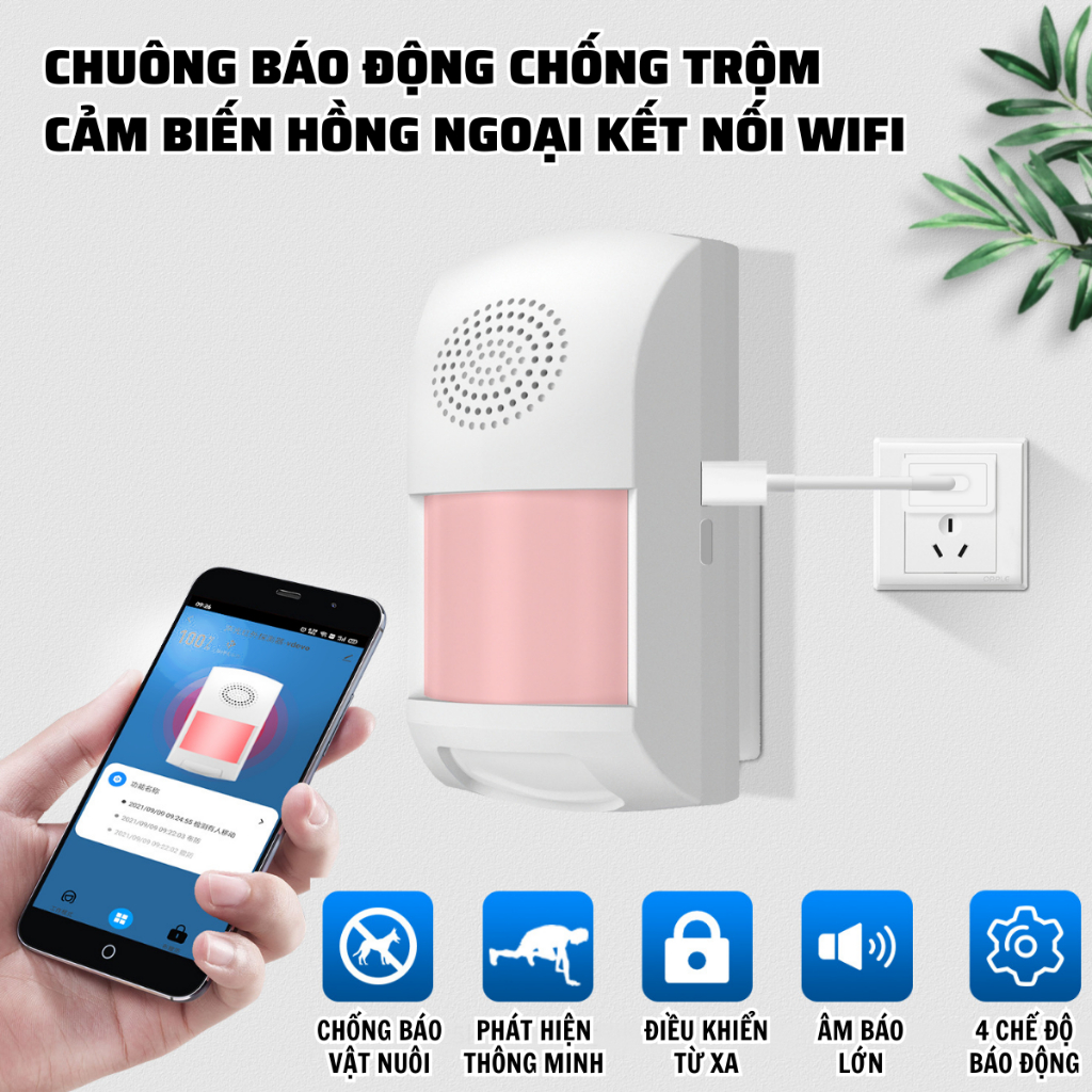 Chuông báo động chống trộm cảm biến hồng ngoại kết nối wifi CTFAST CS62W - Điều khiển từ xa qua app, âm báo 110 dB