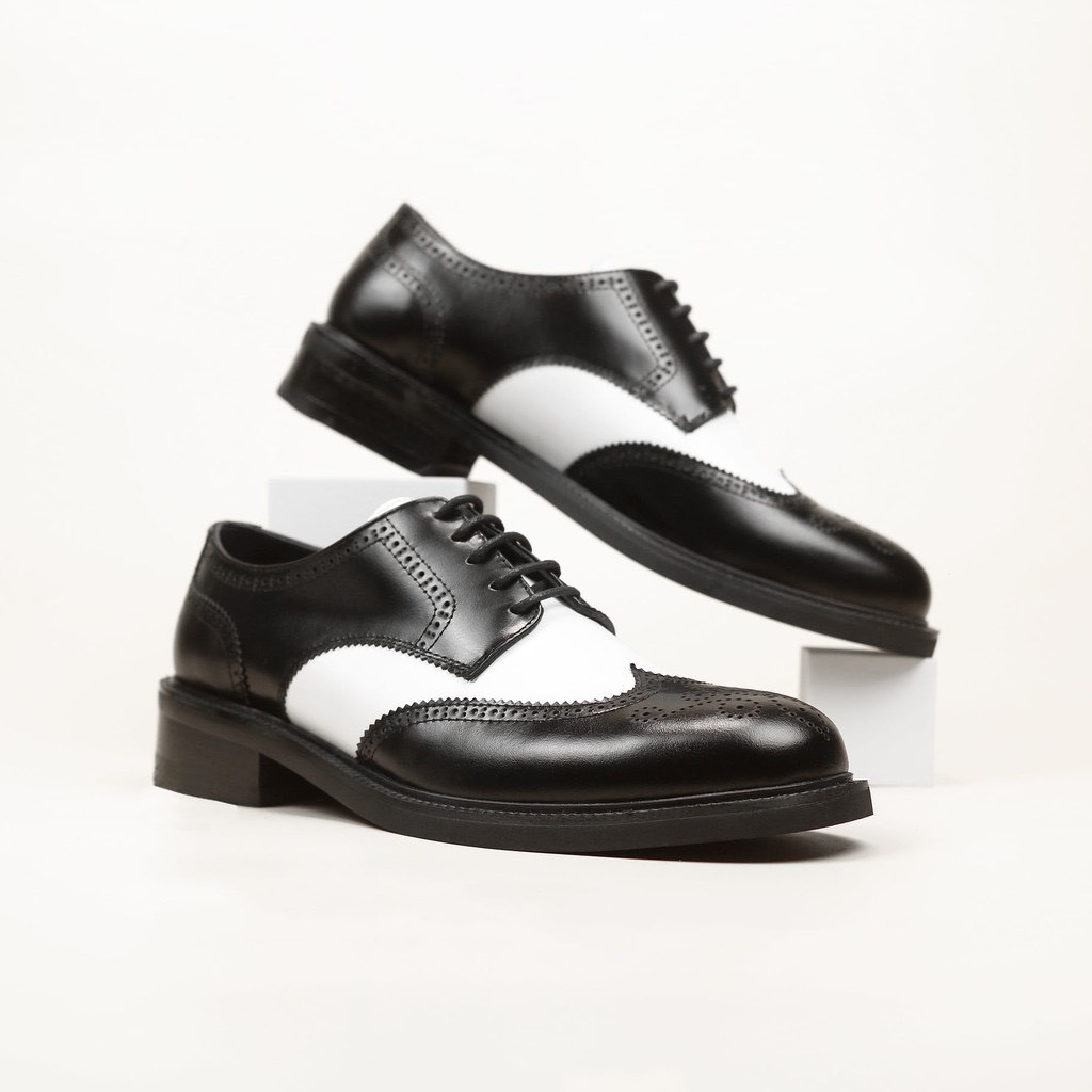 Giày Da Nam Phối Màu Đen Trắng Phong Cách, Giày Derby Wingtip Black White Cao Cấp - Xưởng Giày Chelsea Boot