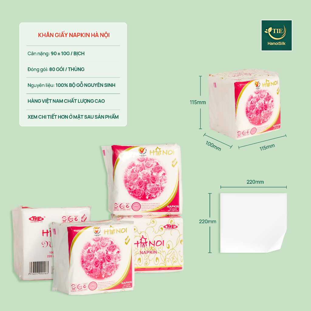 Khăn Giấy Ăn Hà Nội Silk Napkin 100 Tờ 2 Lớp Cao Cấp Đa Năng, Khăn Giấy Khổ 220 x 220mm Chất Lượng Tiện Dụng Tiết Kiệm