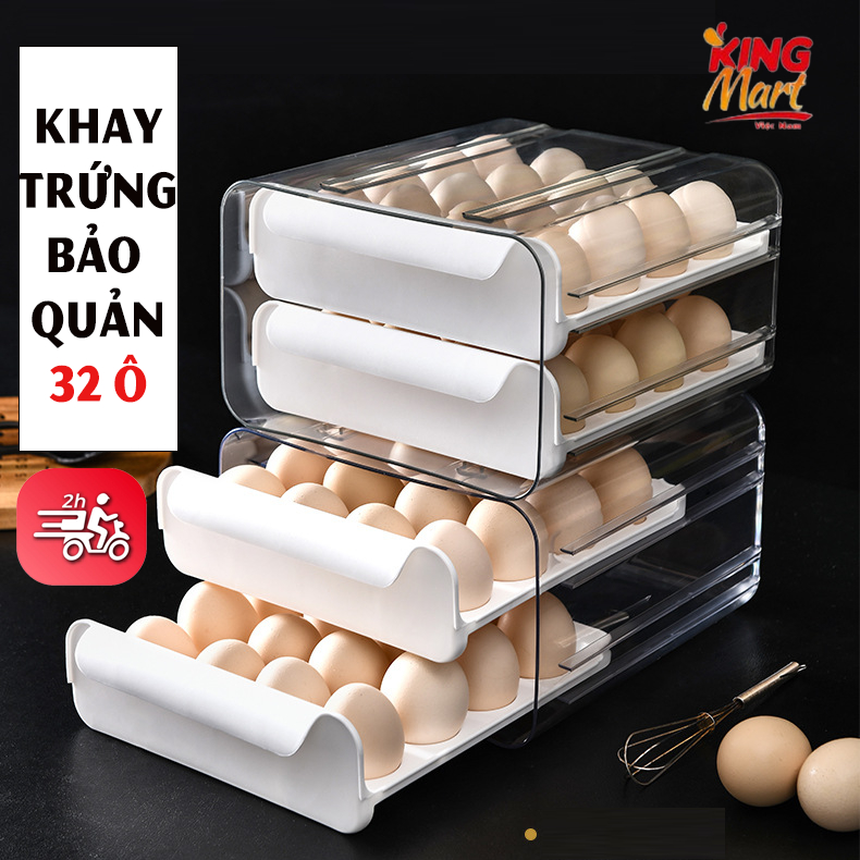 Hộp đựng trứng để tủ lạnh, bảo quản trứng gà, trứng vịt 2 tầng, 32 ô đựng cho gia đình