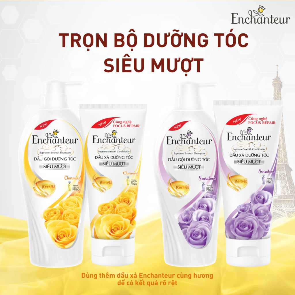 Combo 2 dầu gội hương nước hoa dưỡng tóc siêu mượt Enchanteur Charming/ Sensation Keratin 650gr/chai