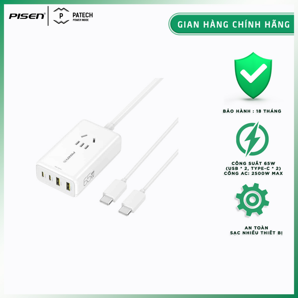 Ổ cắm điện PISEN Pro Desktop KF24, cổng AC công suất 2500W, 2 cổng Type-C, 2 cổng USB, công suất 65W - Hàng chính hãng