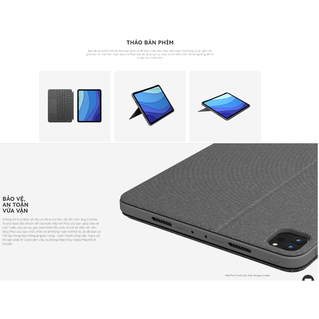 Bao da bàn phím Logitech Combo Touch iPad Pro 11 inch thế hệ thứ 1, 2, 3, 4