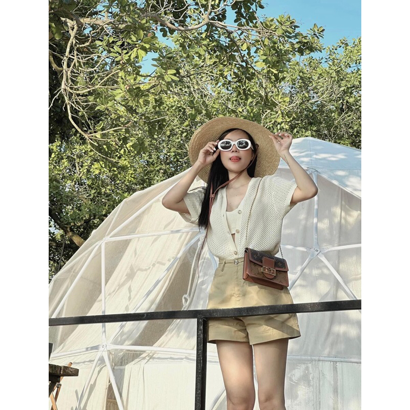 Set 3Món Áo Khoác Ren Phối Áo 2Dây Mix Quần Sooc Be