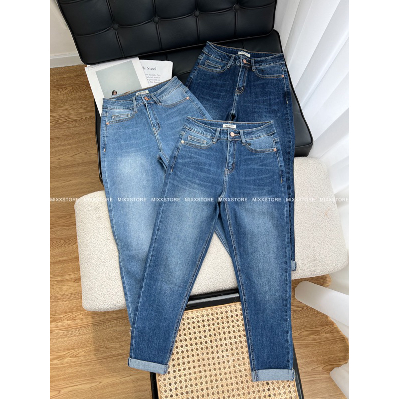 Quần Jean Nữ Baggy Trơn lưng cao chất jean dày dặn co giãn phom 9 tấc sành điệu