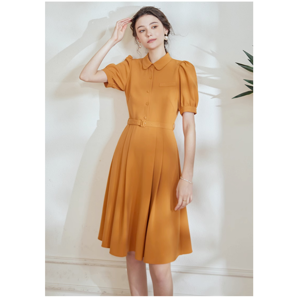 Đầm xoè cổ sơ mi màu vàng cam tơn tay ngắn