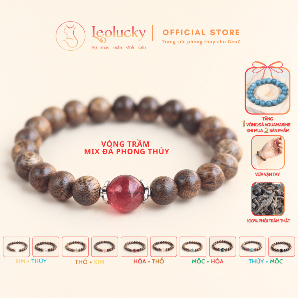 Vòng Trầm Hương Đeo Tay Leolucky Mix Đá Phong Thủy Mang Lại May Mắn Tài Lộc
