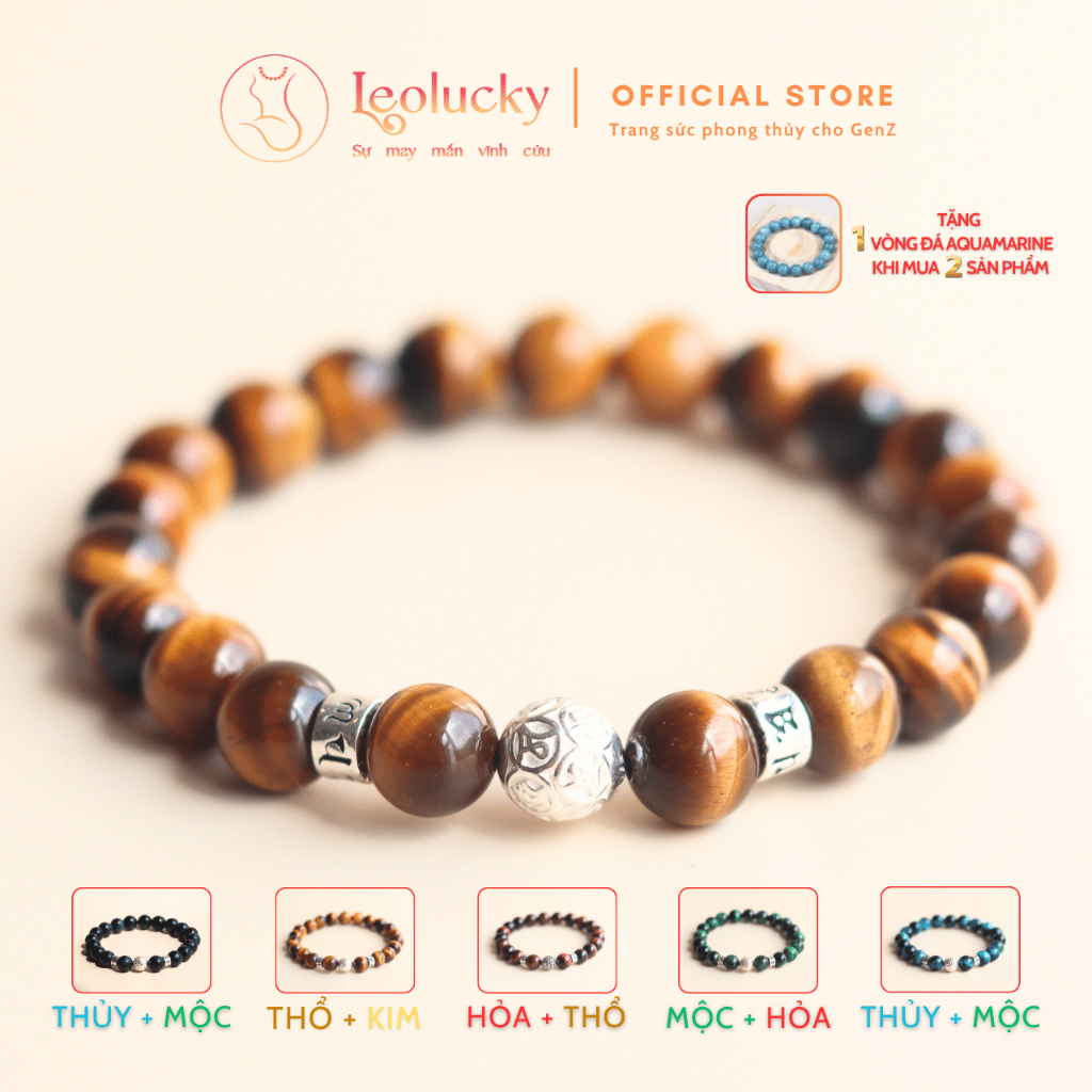 Vòng tay phong thủy Leolucky nam nữ đá mắt hổ mix charm tròn bạc 925 mang lại tài lộc may mắn