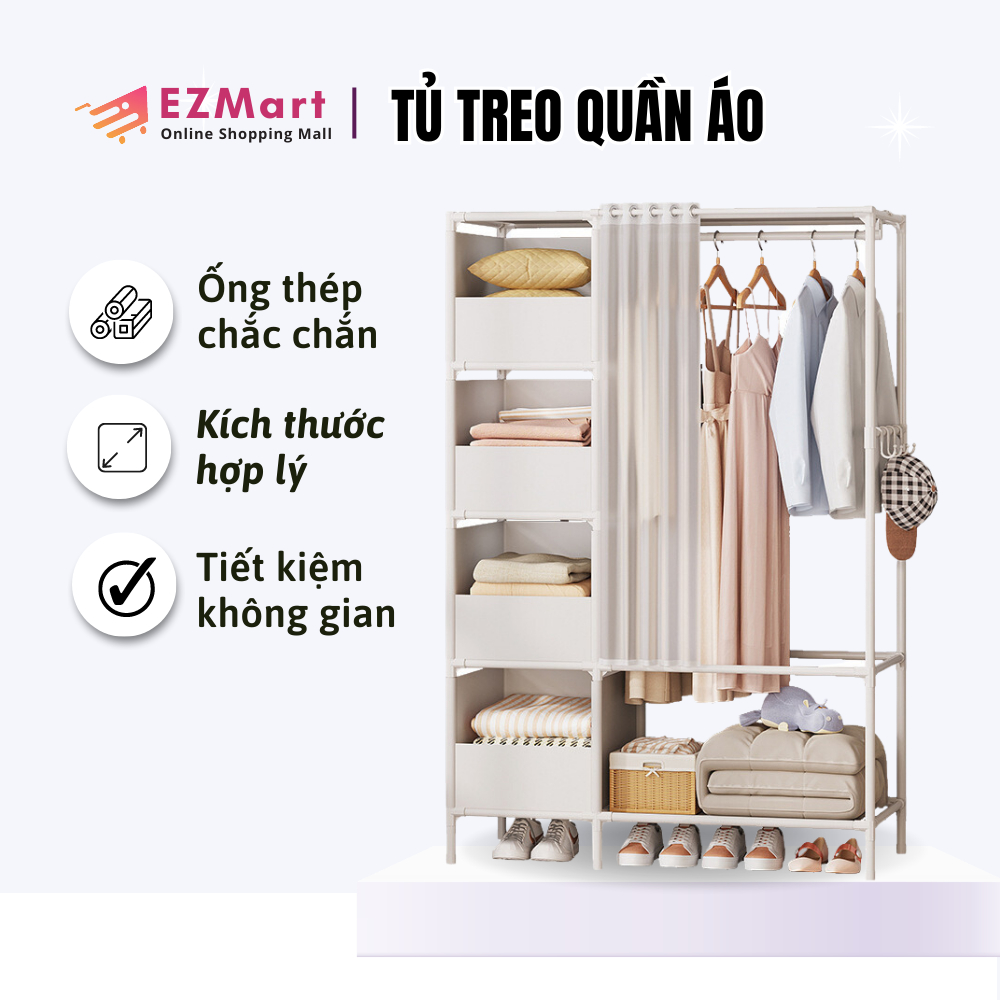 Tủ Treo Quần Áo Bằng Kim Loại, Tủ Treo Quần Áo Thông Minh Lắp Ráp Tiện Lợi Di Chuyển Dễ Dàng