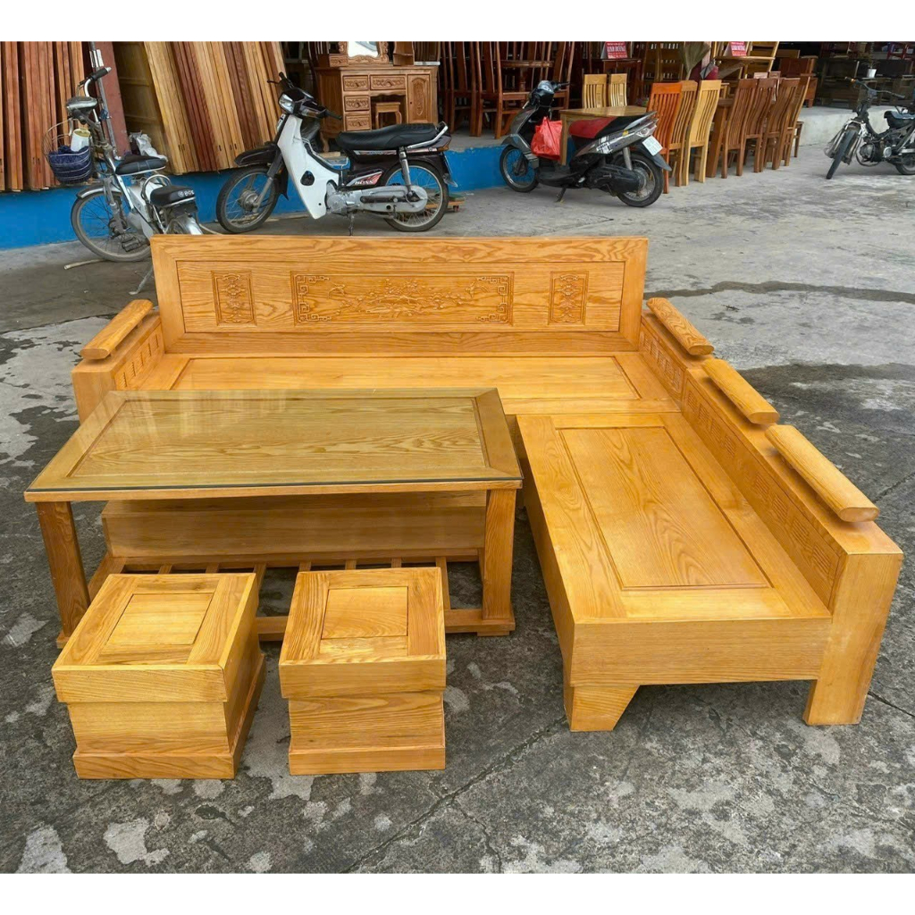 Bộ sofa góc L 2m-2m25 gỗ sồi mặt liền. Bàn ghế sofa hiện đại gỗ sồi nga 5 món (FREESHIP)