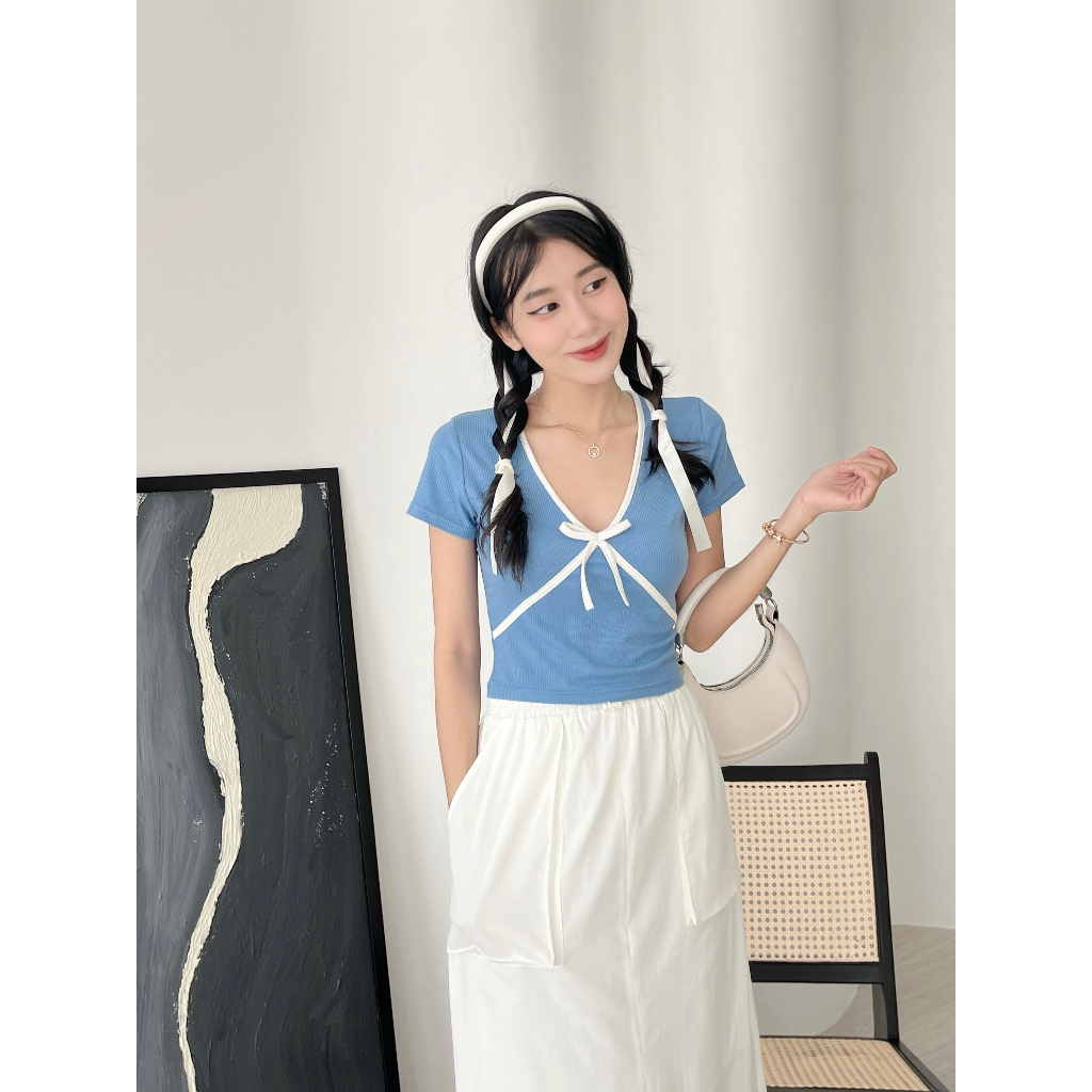 Áo croptop viền cổ chéo thân có nơ, thiết kế cổ tim tay ngắn GA4433