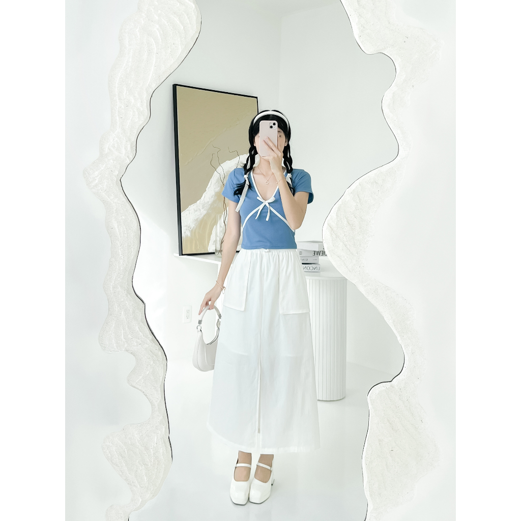 Áo croptop viền cổ chéo thân có nơ, thiết kế cổ tim tay ngắn GA4433