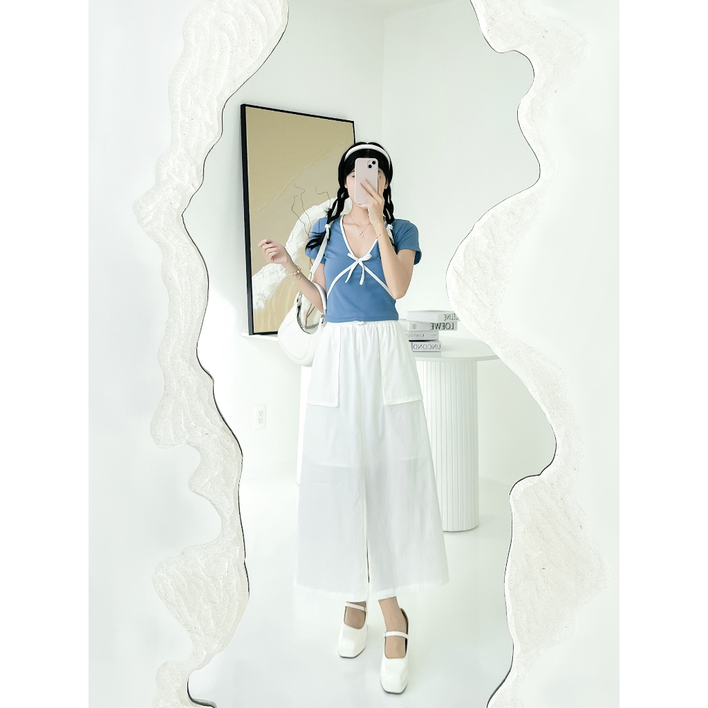 Áo croptop viền cổ chéo thân có nơ, thiết kế cổ tim tay ngắn GA4433