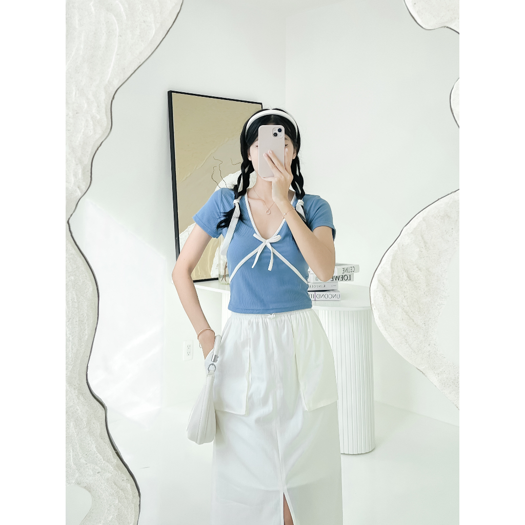 Áo croptop viền cổ chéo thân có nơ, thiết kế cổ tim tay ngắn GA4433