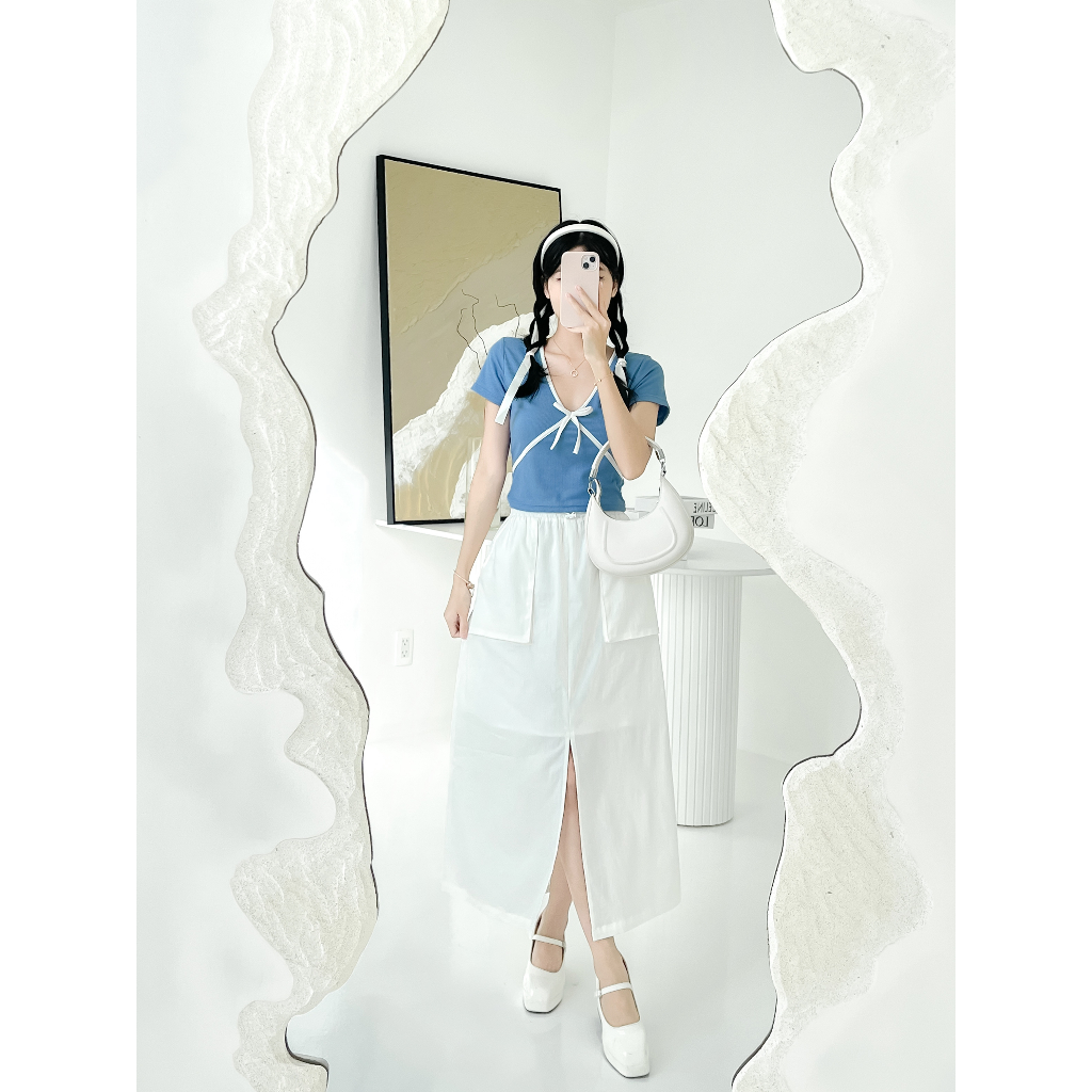 Áo croptop viền cổ chéo thân có nơ, thiết kế cổ tim tay ngắn GA4433