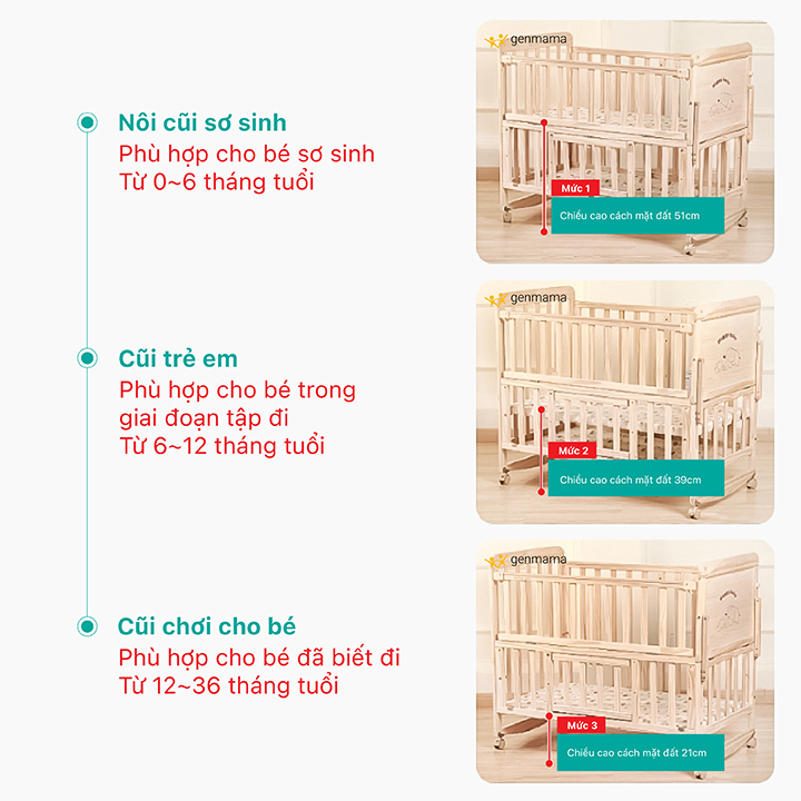 Cũi Gỗ Cho Bé 2 Tầng Genmama Có Bánh Xe Ghép Cạnh Giường Ba Mẹ KT 105x60x90cm kèm
