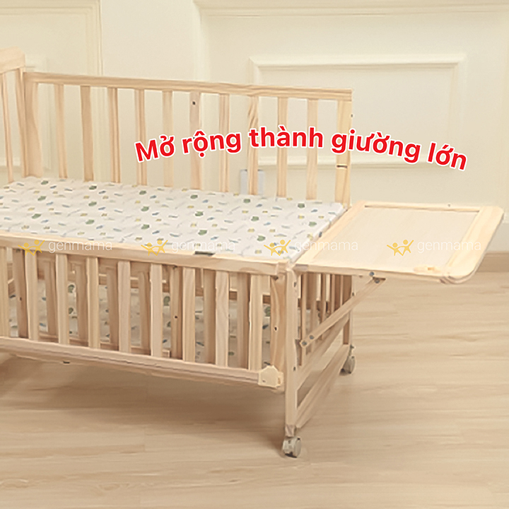 Cũi Gỗ Cho Bé 2 Tầng Genmama Có Bánh Xe Ghép Cạnh Giường Ba Mẹ KT 105x60x90cm kèm