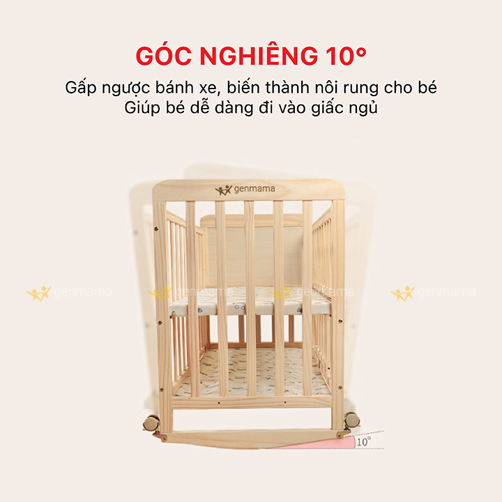 Cũi Gỗ Cho Bé 2 Tầng Genmama Có Bánh Xe Ghép Cạnh Giường Ba Mẹ KT 105x60x90cm kèm