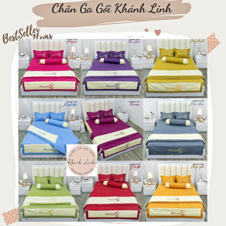 Bộ Chăn Ga Gối Satin 5 món cao cấp, Satin trần thêu vi tính phủ mềm mát nhiều màu Bộ ga phủ trần bông ba bề