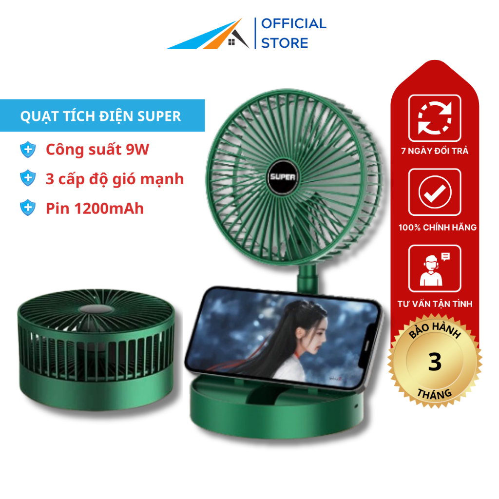 Quạt tích điện cầm tay mini SUPER quạt tích điện để bàn tiện dụng 3 tốc độ gió, cổng sạc USB xoay 180 độ siêu tiện lợi | BigBuy360 - bigbuy360.vn