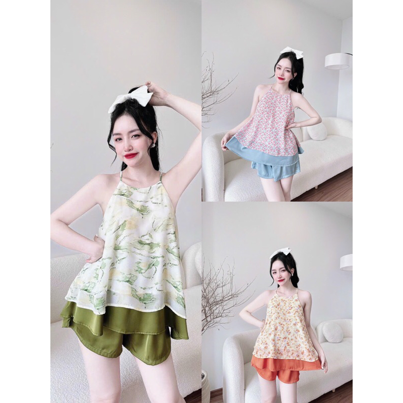 Bộ yếm voan hoa phối latin cao cấp
