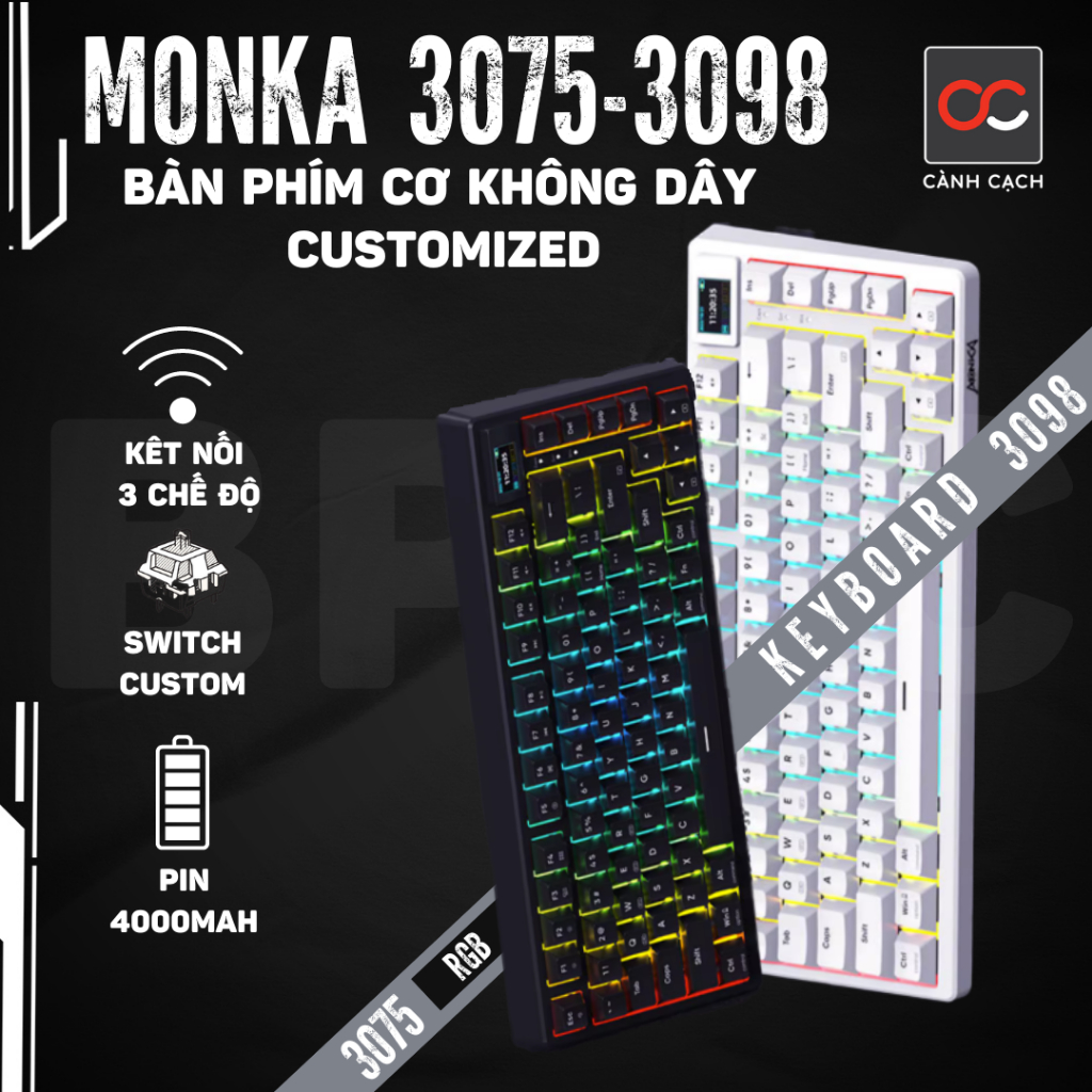Bàn phím cơ mạch xuôi led rgb MÀN LCD MONKA 3075-3098 không dây