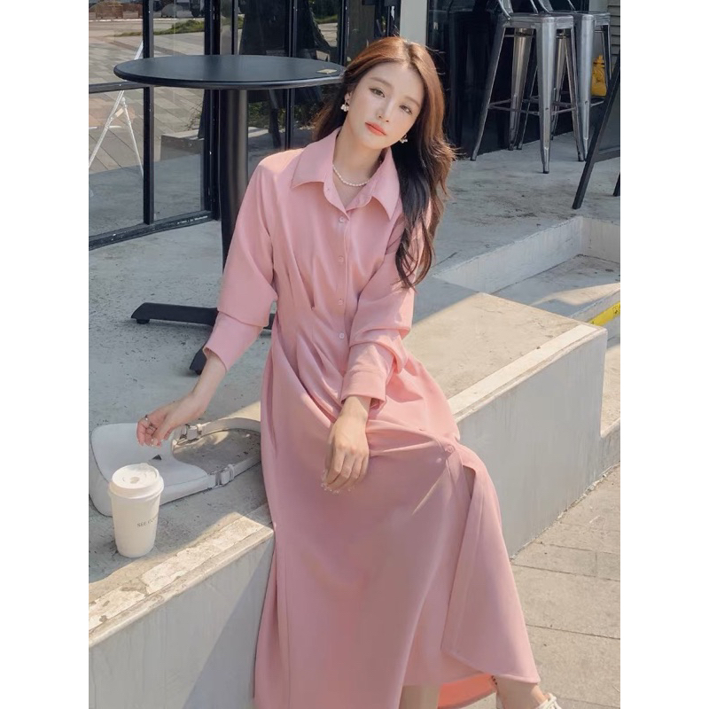 Đầm váy sơ mi hồng xếp li eo dáng dài thanh lịch