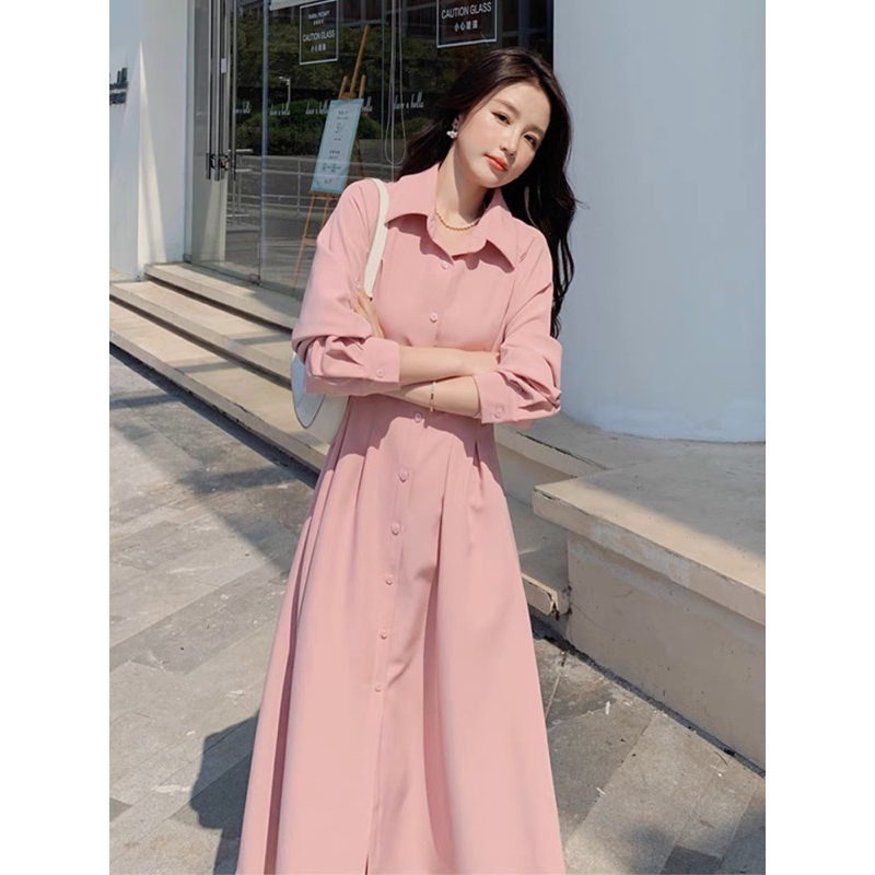 Đầm váy sơ mi hồng xếp li eo dáng dài thanh lịch