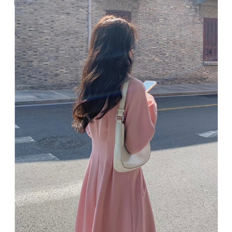 Đầm váy sơ mi hồng xếp li eo dáng dài thanh lịch