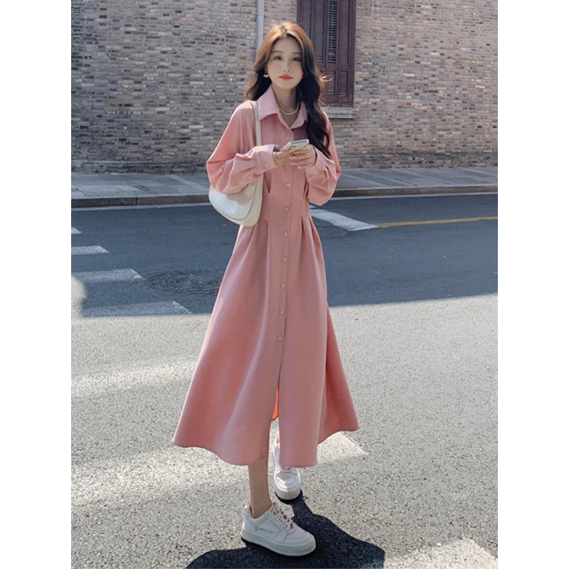 Đầm váy sơ mi hồng xếp li eo dáng dài thanh lịch