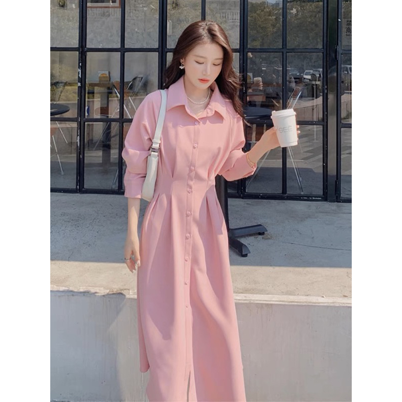 Đầm váy sơ mi hồng xếp li eo dáng dài thanh lịch