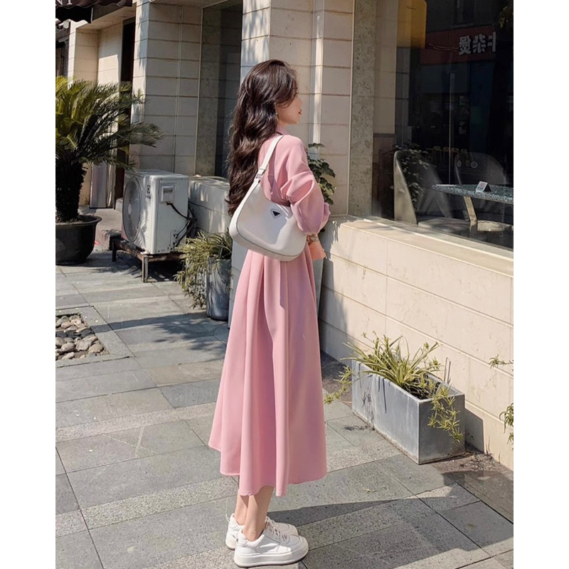 Đầm váy sơ mi hồng xếp li eo dáng dài thanh lịch