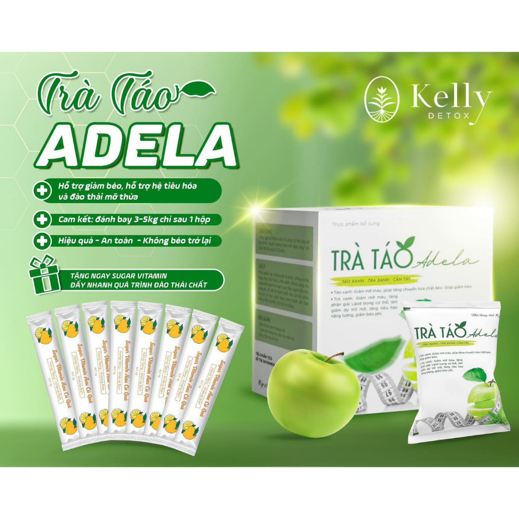 TRÀ TÁO XANH GIẢM CÂN KELLY THẢO MỘC ADELA DETOX HỘP 12GÓI GIẢM MỠ BỤNG AN TOÀN KIỂM SOÁT CÂN NẶNG