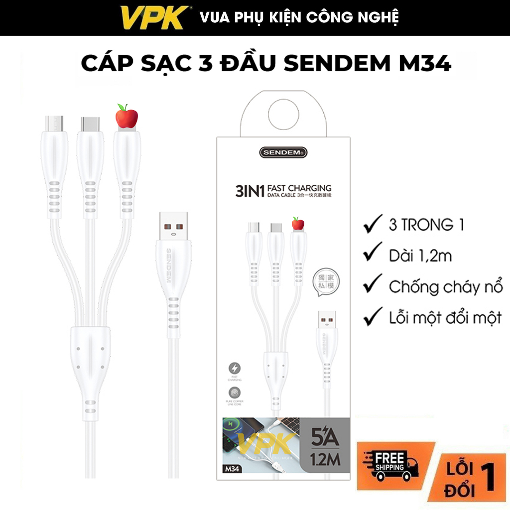 Cáp Sạc 3 Đầu Sendem M34 Đa Năng, Phù Hợp Cho Mọi Loại Điện Thoại M34