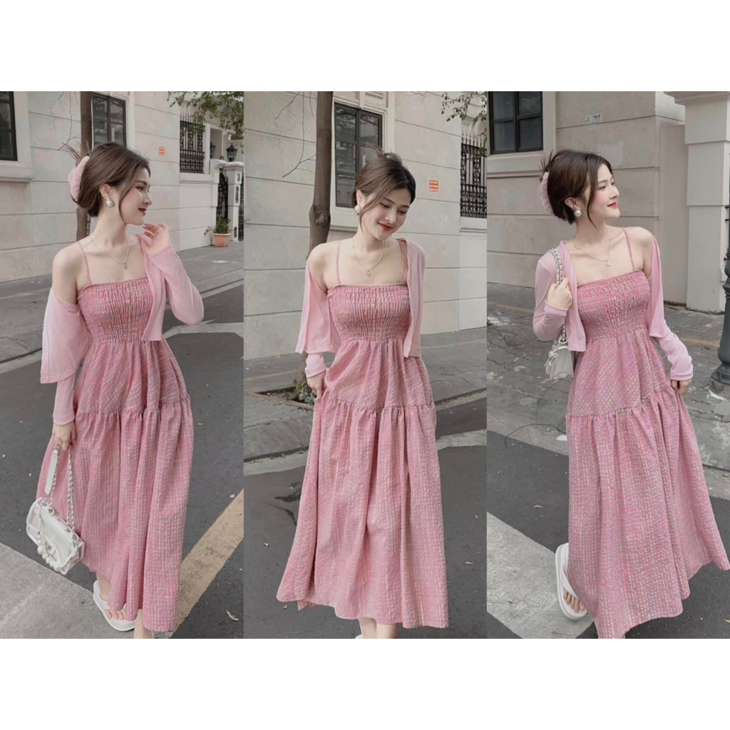 Đầm 2 dây caro hồng màu pastel khoác ngoài thun borip dành cho nàng bánh bèo, tiểu thư - Shopngoo fashion
