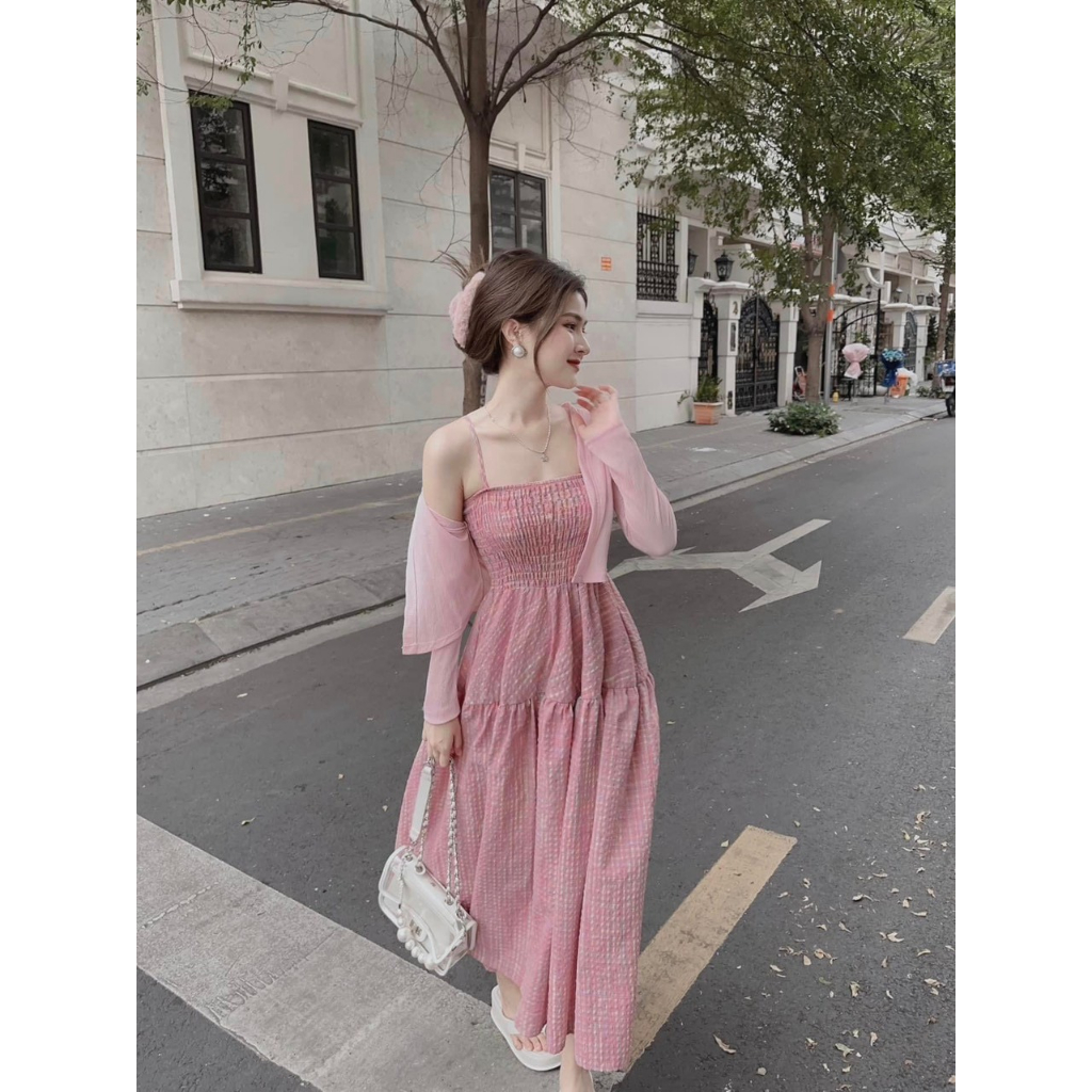 Đầm 2 dây caro hồng màu pastel khoác ngoài thun borip dành cho nàng bánh bèo, tiểu thư - Shopngoo fashion