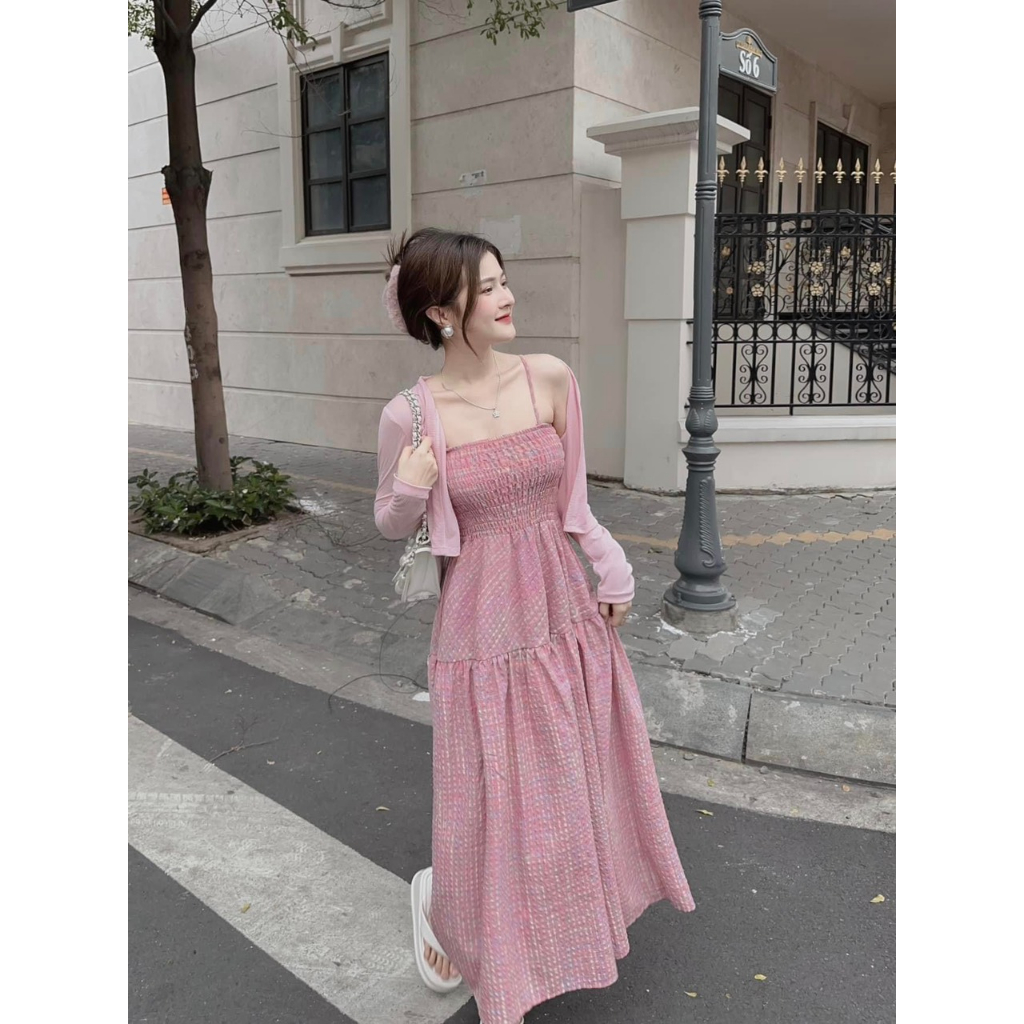 Đầm 2 dây caro hồng màu pastel khoác ngoài thun borip dành cho nàng bánh bèo, tiểu thư - Shopngoo fashion