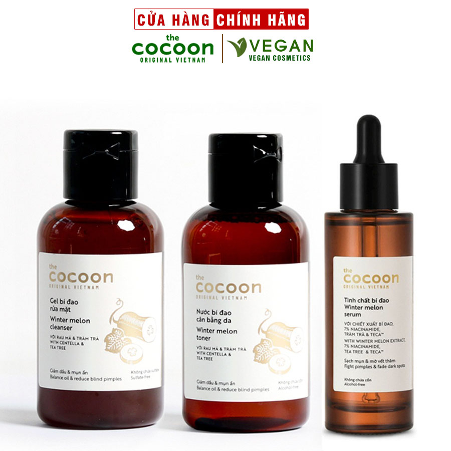 Bộ 3 chăm sóc da mụn: Gel rửa mặt bí đao 140ml + Toner bí đao 140ml + Tinh chất bí đao cocoon 70ml