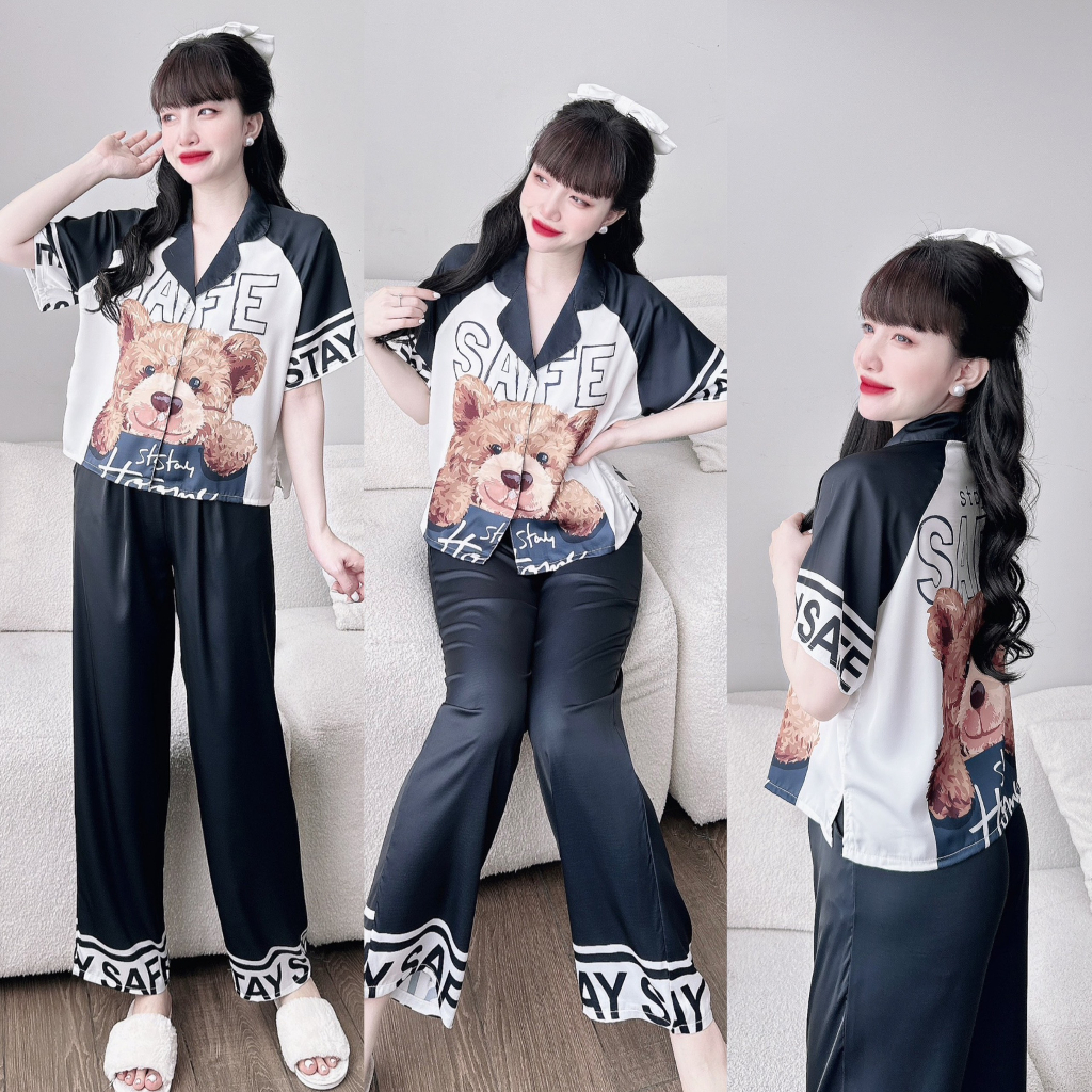 Đồ Bộ Mặc Nhà Nữ Quần Dài + Áo Pijama Croptop Tay Ngắn Lụa Latin In 3D_Ngân Boutique Đồ Ngủ Pijama