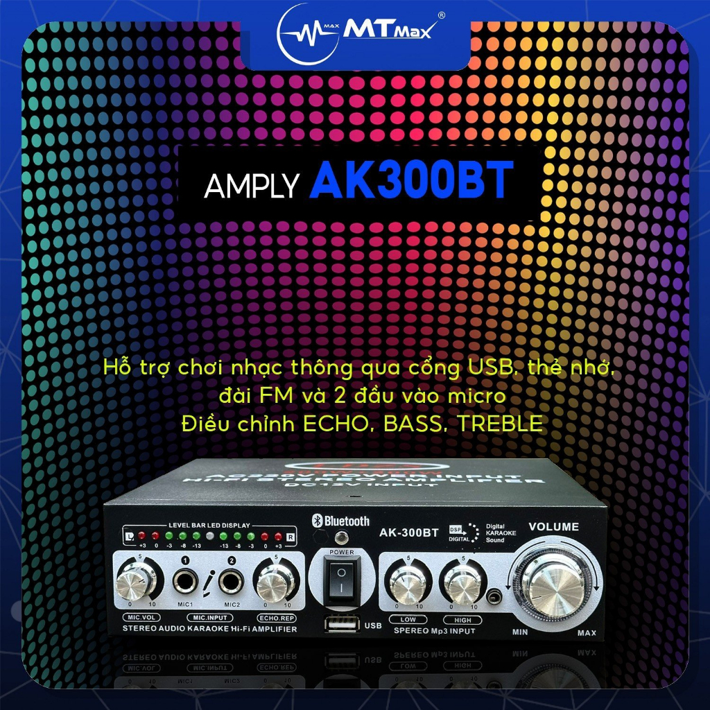 Amply AK300BT - Bộ Khuếch Đại Công Suất Âm Thanh 200W, Đầu Vào 2 Mic BT 5.0 Bộ Thu Âm Thanh Kỹ Thuật Số Karaoke