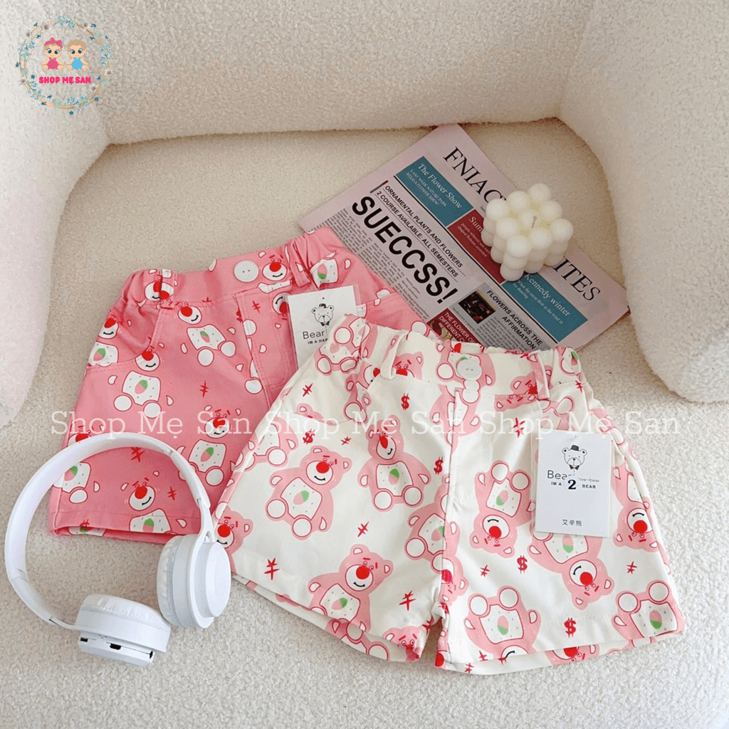 Quần Sooc Bé Gái, Quần Short Bé Gái Chất Liệu Vải Kaki - Bò Mềm Mại Co Giãn Nhẹ, Hoạ Tiết Gấu Dâu Dễ Thương