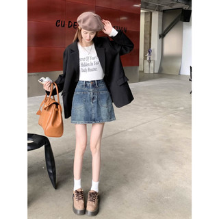 Chân váy jeans xanh mài 2 túi trước dáng a ngắn
