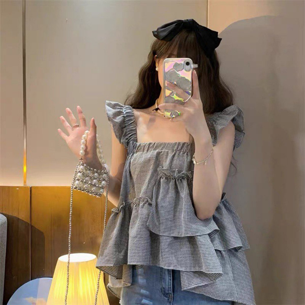 B1053- Áo kiểu nữ caro bèo tầng trẻ trung