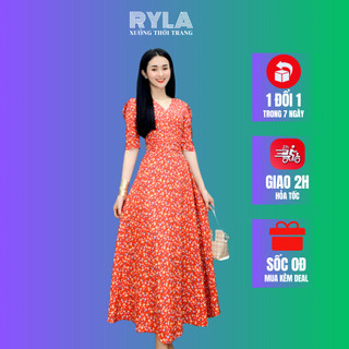 Đầm cổ v hoa nhí tay phồng nhún eo có size bigsize RYLA R64