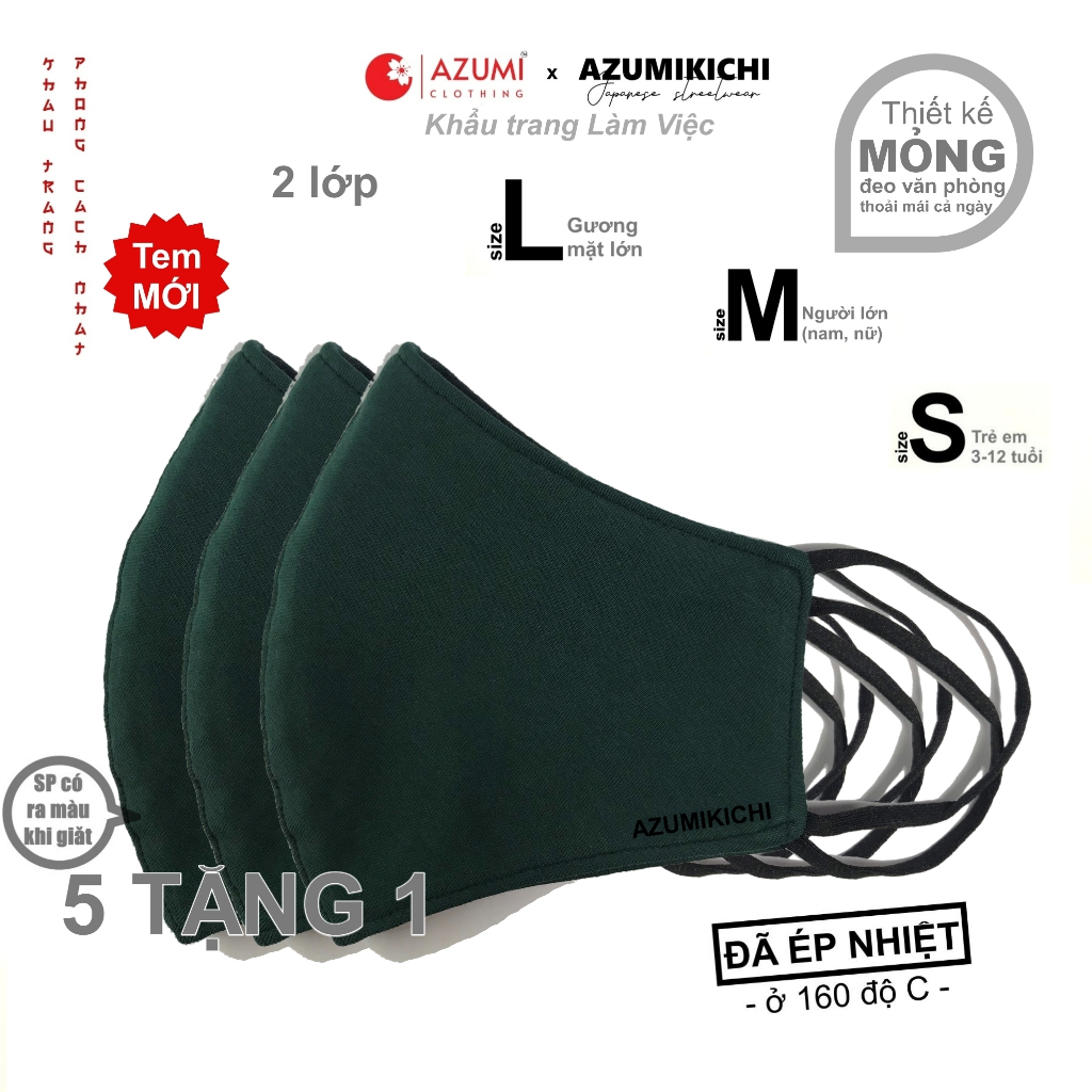 Khẩu trang vải cotton 5 tặng 1 Màu xanh rêu Azumikichi, khau trang 3D 2 lớp đeo làm việc văn phòng công sở A6